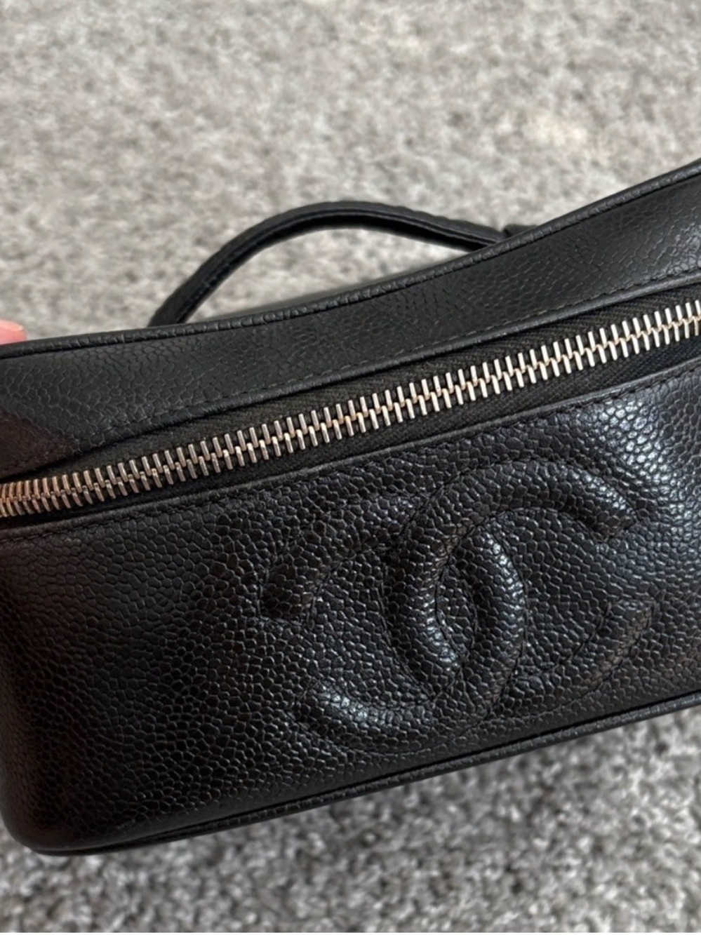 CHANEL Black Caviar Leather vintage Vanity Pouch with Embossed CC